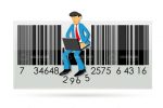 Businessman Sitting on a Barcode with a Laptop